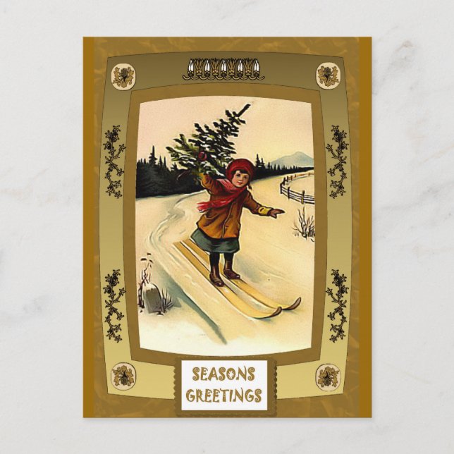 Skiing with a Christ;qs tree Holiday Postcard (Front)