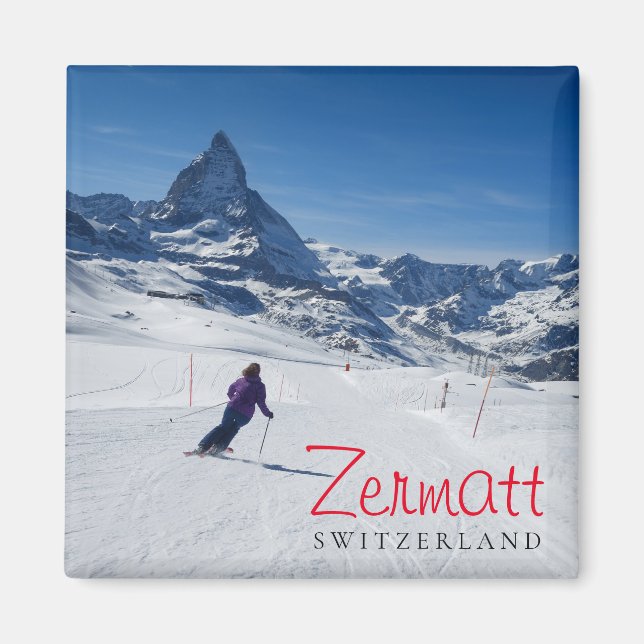Skiing with Mt. Matterhorn in Zermatt, Switzerland Magnet (Front)