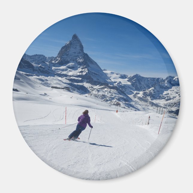 Skiing with Mt. Matterhorn in Zermatt, Switzerland Magnet (Front)