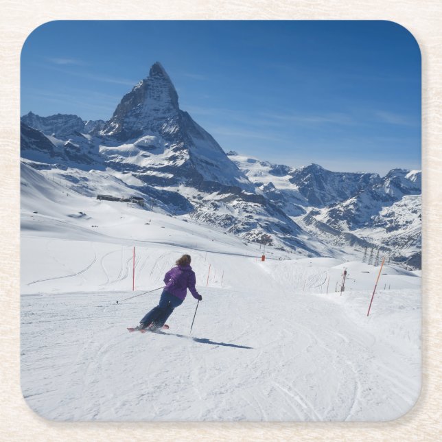 Skiing with Mt. Matterhorn in Zermatt, Switzerland Square Paper Coaster (Front)