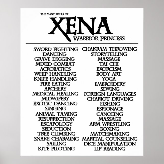 Skills Of Xena Poster (Front)