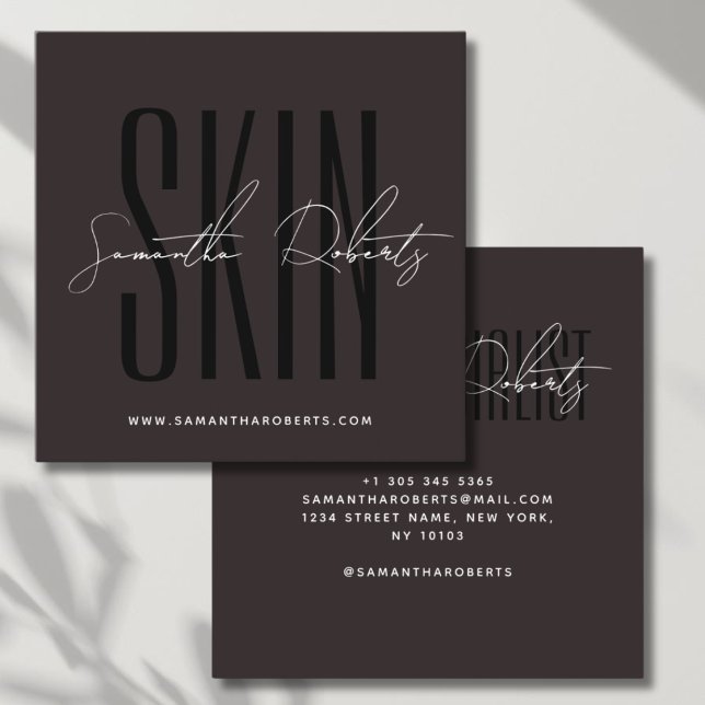 Skin care expert modern typography script brown square business card (Creator Uploaded)