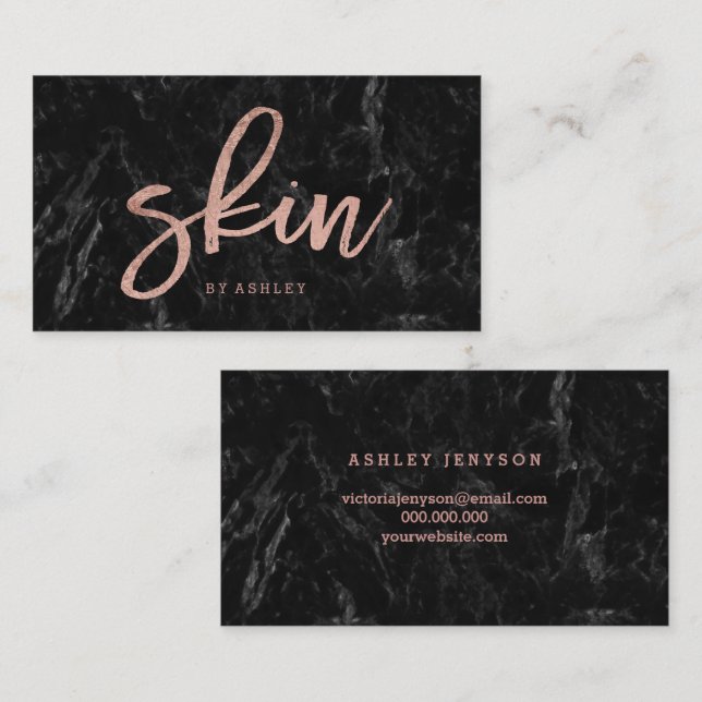 Skin elegant faux rose gold script black marble business card (Front/Back)