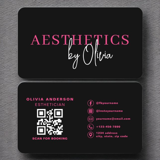 Skincare Aesthetician QR Code Hot Pink Black Business Card (Creator Uploaded)