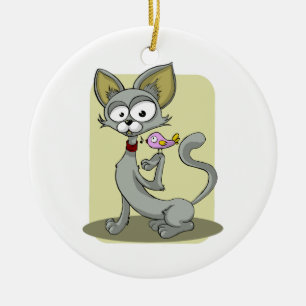 Skinny Cat and Pink Bird Ceramic Tree Decoration