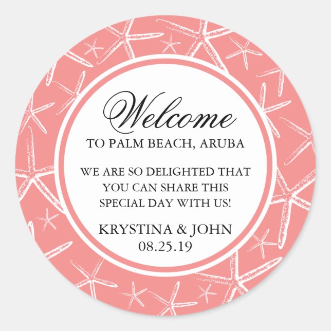 Skinny Finger Starfish Wedding Welcome Classic Round Sticker (Front)