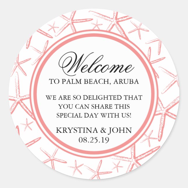 Skinny Finger Starfish Wedding Welcome Classic Round Sticker (Front)
