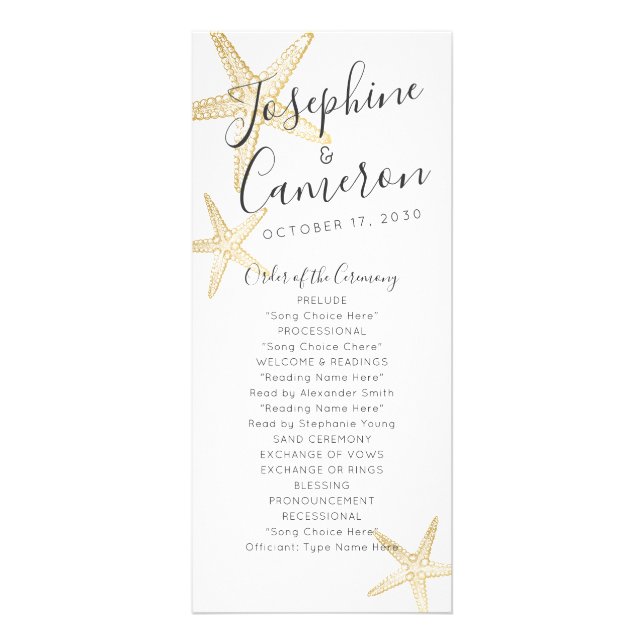 Skinny Gold Starfish Wedding Program Rack Card (Front)
