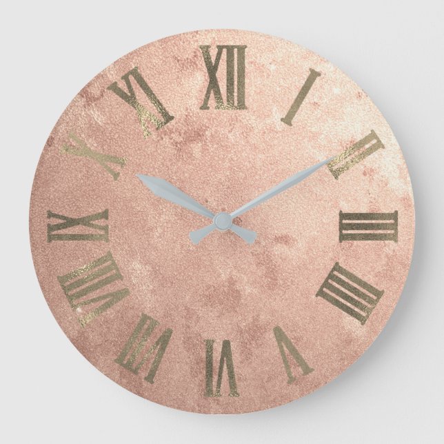 Skinny Rose Gold Copper Grungy Bronze Roman Numers Large Clock (Front)