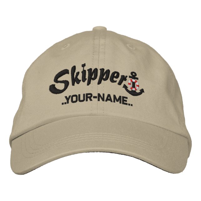 Skipper Personalise Your Name Black Anchor Embroidered Hat (Front)
