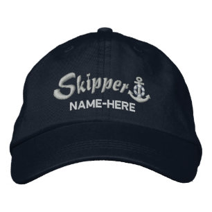 Skipper Personalise Your Name Silver Anchor Embroidered Hat