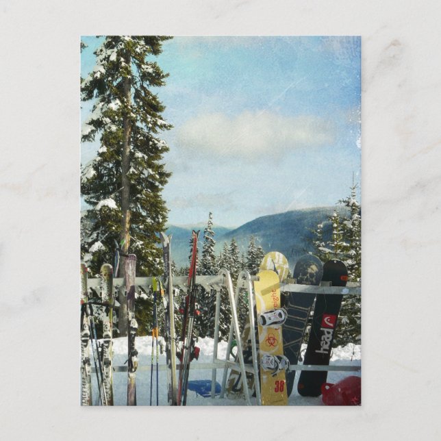 Skis and Snowboards on Mountain Top Postcard (Front)