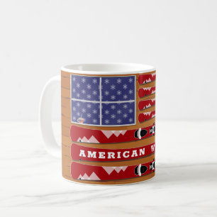 Skis and Snowflakes USA Flag with Wood Wall Coffee Mug