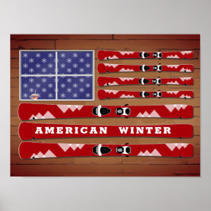 Skis and Snowflakes USA Flag with Wood Wall Poster