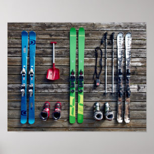 Skis, Boots, Skiing Equipment Hanging on Wall Poster