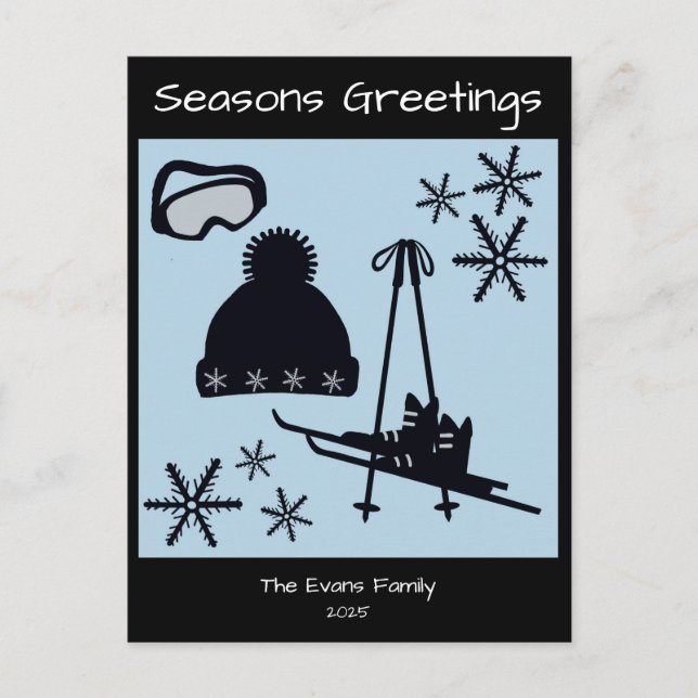 Skis, hat, goggles & snowflakes holiday postcard (Front)