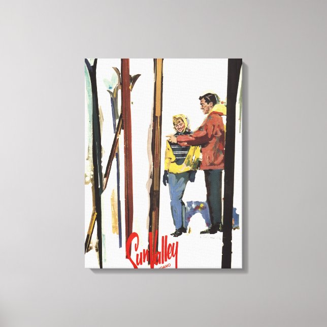 Skis Standing Up in Snow by Couple Poster Canvas Print (Front)