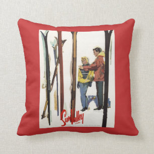 Skis Standing Up in Snow by Couple Poster Cushion