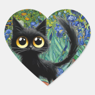 Skittish Black Cat in a field of Purple Irises Heart Sticker