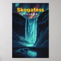 Skogafoss Iceland Travel Art Vintage Illustration