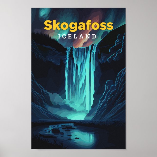 Skogafoss Iceland Travel Art Vintage Illustration  Poster (Front)