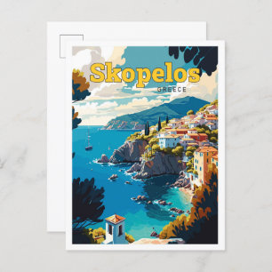 Skopelos Greece Travel Art Vintage Illustration Postcard