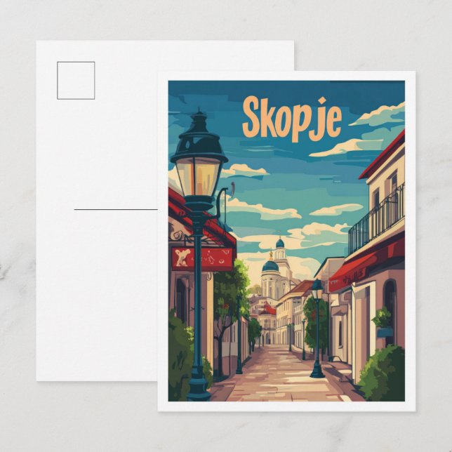 Skopje North Makedonia Vintage Travel Illustration Postcard (Front/Back)