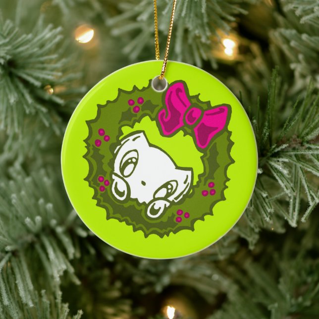 Skribbles the Cat: Christmas Wreath Ceramic Tree Decoration (Tree)