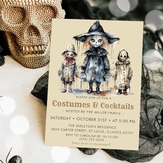 Skull Adult Costumes & Cocktail  Halloween Party Invitation (Creator Uploaded)