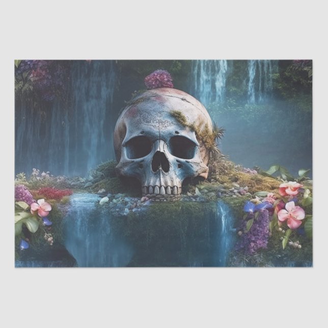 Skull among Waterfalls and Flowers Decoupage Tissue Paper (Front)