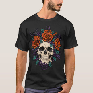Skull and Autumn Roses Halloween T-Shirt