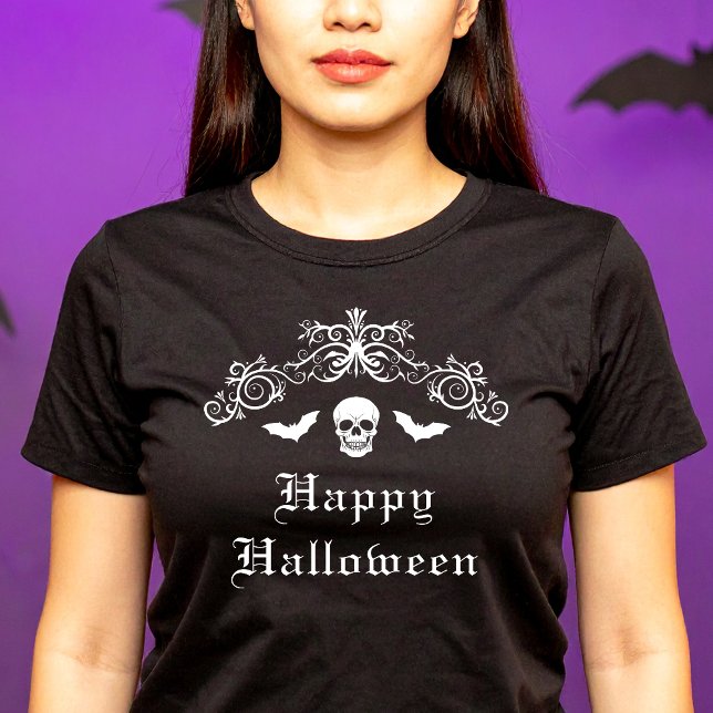 Skull And Bats With Ornate Border Happy Halloween T-Shirt (Disclaimer: This image is a digital mockup.)