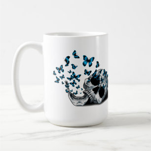 Skull and Blue Butterflies White Coffee Mug