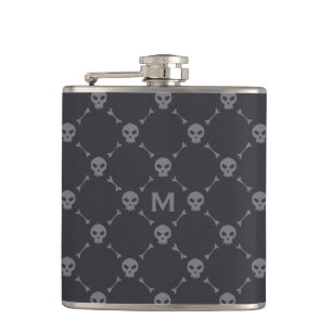 Skull and Bones Check Pattern Grey Monogram Hip Flask