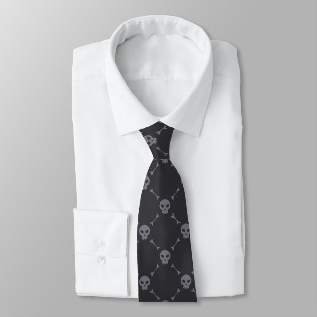 Skull and Bones Grey Black Halloween Pattern Tie (Tied)