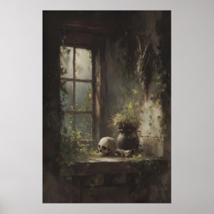 Skull And Bones, Vines On Dusty Windowsill, Gothic Poster
