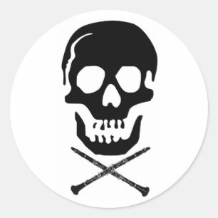 Skull and clarinets - Black on white Classic Round Sticker