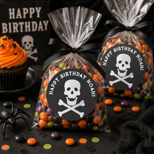 Skull and Crossbones Birthday Party Sticker (Birthday Favor Treat Bags)
