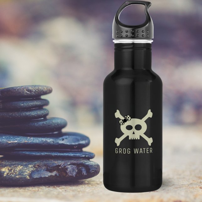 Skull and Crossbones Girl Pirate Flag Water Bottle (Yarr! Here be a bottle for yer grog. Add yer name!)