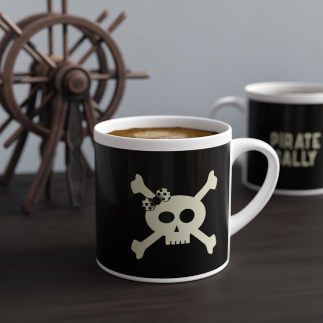 Skull and Crossbones Girl Pirate Name Black Funny Espresso Cup (Set sail for a java adventure! Just add your name!)