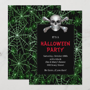 Skull And Crossbones Green Cobweb Halloween Party Invitation