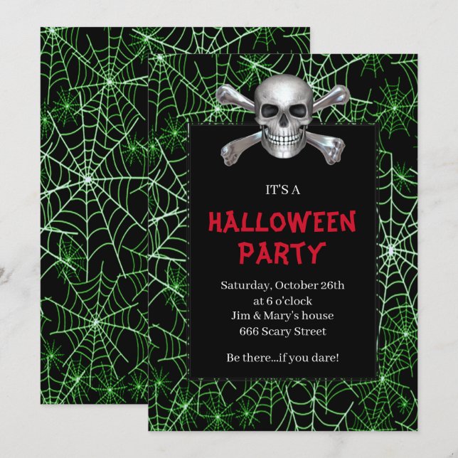 Skull And Crossbones Green Cobweb Halloween Party Invitation (Front/Back)