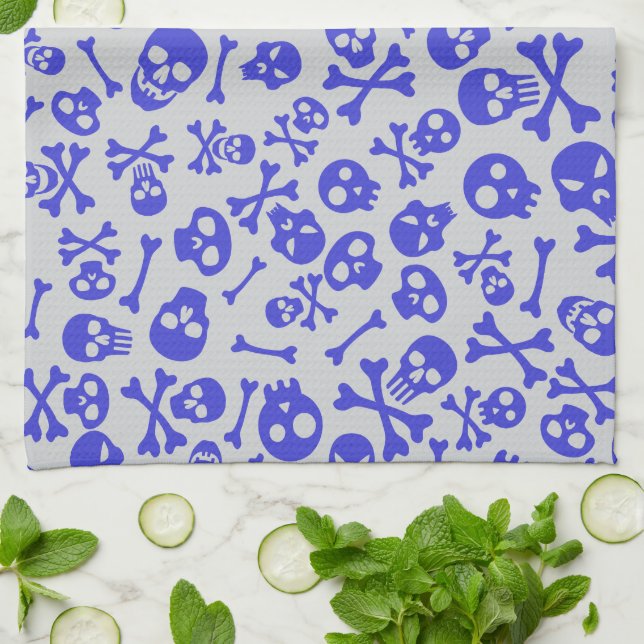 Skull and Crossbones Halloween Seamless Pattern Tea Towel (Folded)