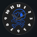 Skull and Crossbones Large Clock<br><div class="desc">A neon blue skull and crossbone illustration with a heart shaped eyepatch. Black background.</div>