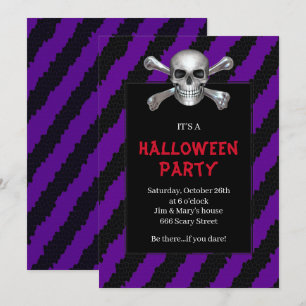 Skull And Crossbones Purple Stripe Halloween Party Invitation
