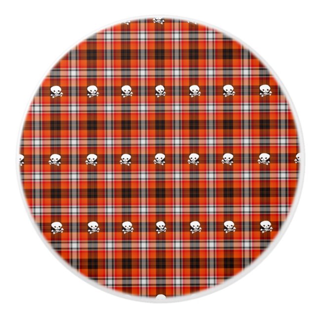 Skull and Crossbones Red and Black Plaid Ceramic Knob (Front)
