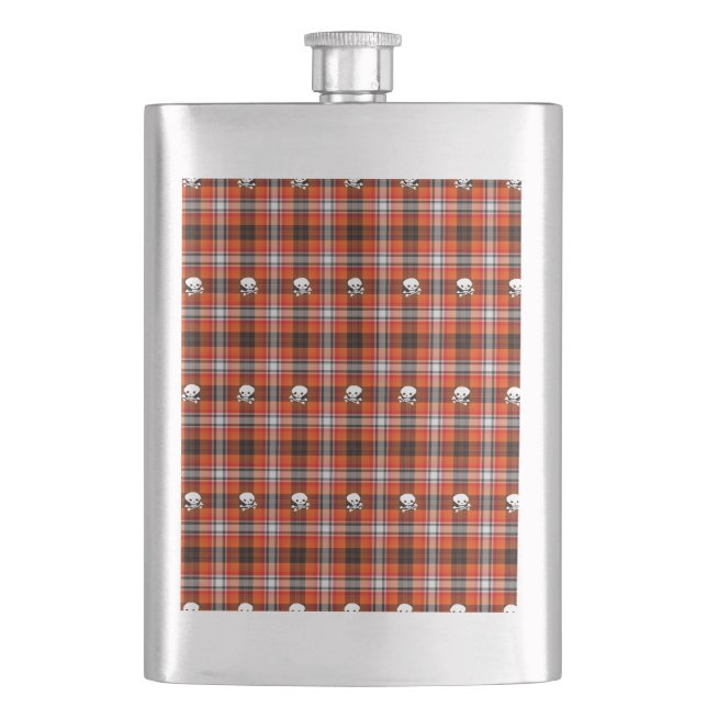 Skull and Crossbones Red and Black Plaid Hip Flask (Front)