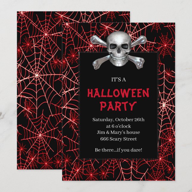 Skull And Crossbones Red Cobweb Halloween Party Invitation (Front/Back)