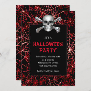 Skull And Crossbones Red Cobweb Halloween Party Invitation