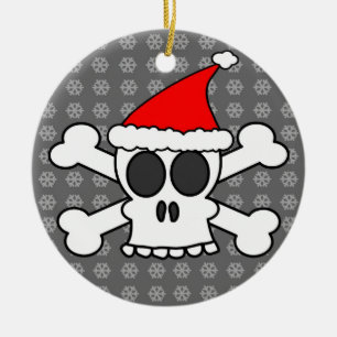 Skull and Crossbones Santa Hat Grey Snowflakes Ceramic Tree Decoration